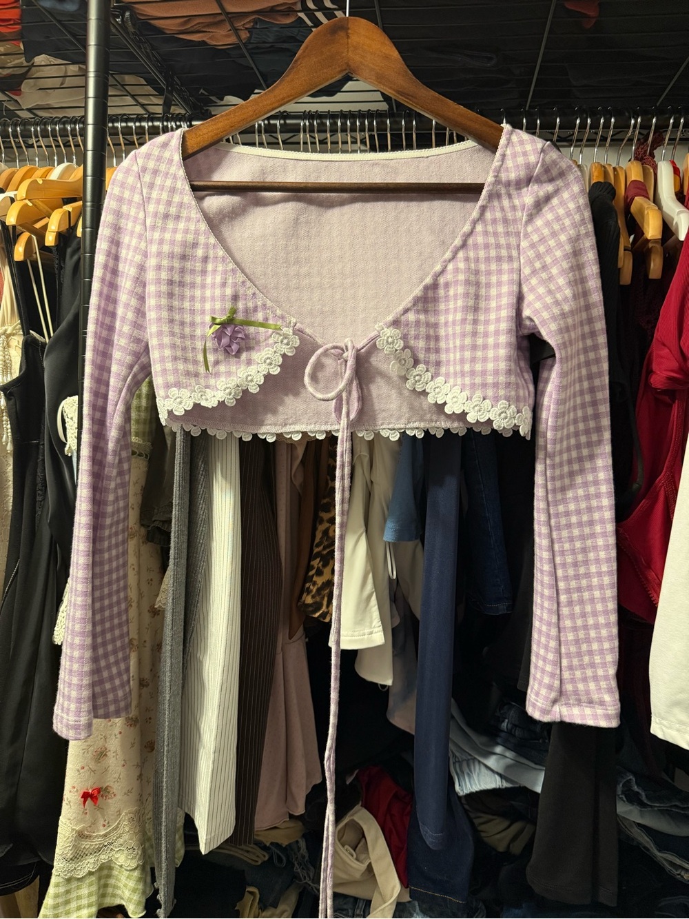 Lilac Gingham Lace-Trim Tie-Front Cardigan
